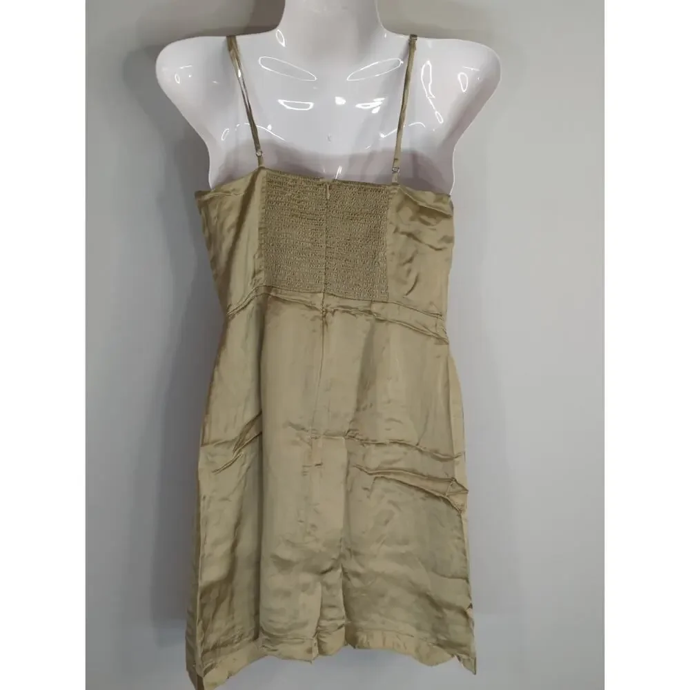 Aritzia Wilfred‎ Tan Skye Satin Spaghetti Strap Smocked Soft Mini Dress Womens 2